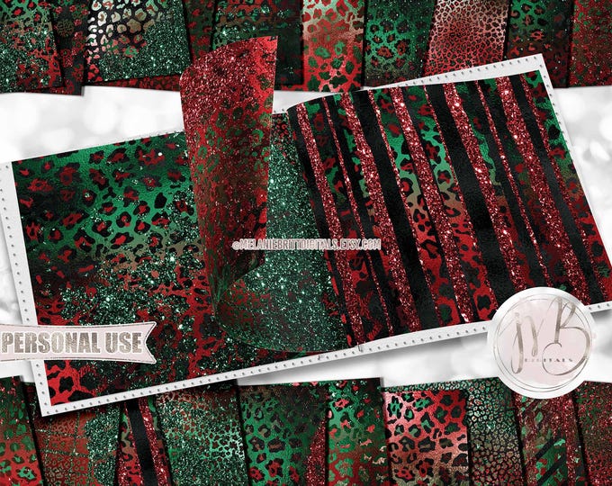 Glam Christmas Leopard Scrapbook Paper Download • Red and Green Holiday Leopard Glitter and Foil • Printable Paper Crafts 20 12x12 JPG & PDF