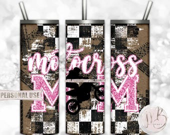 Hot Pink Girl Motocross Mom 20oz Skinny Tumbler Wrap Sublimation Design • Tire Tracks Checkered Flag Dirt Bike Mom Gift • DIY Print & Press