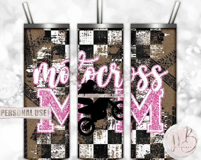 Hot Pink Girl Motocross Mom 20oz Skinny Tumbler Wrap Sublimation Design • Tire Tracks Checkered Flag Dirt Bike Mom Gift • DIY Print & Press