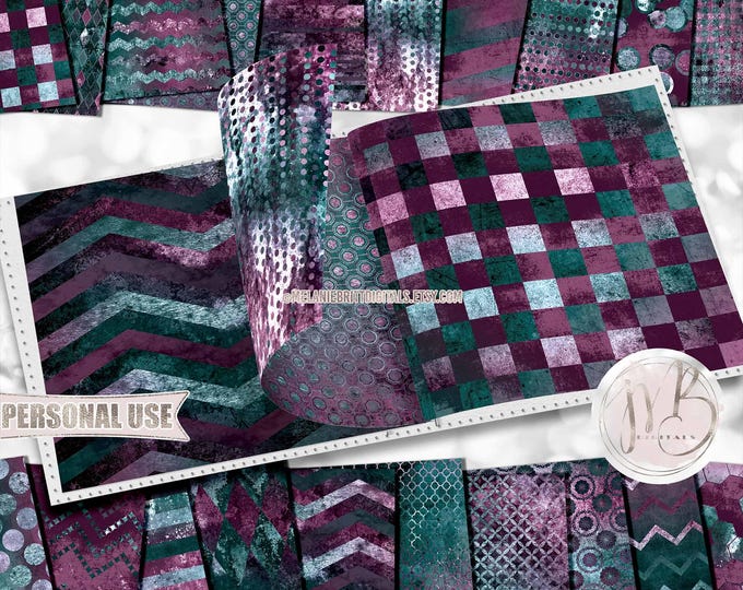 Grunge Patterned Scrapbook Paper Download • Plum and Teal Distressed Worn Vintage • Scrapbooking Printable