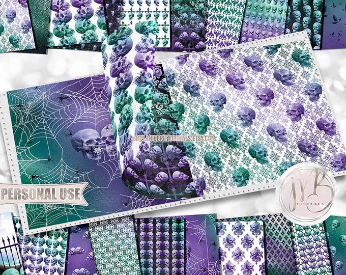 Emerald and Purple Gothic Skulls Scrapbook Paper Download • Goth Ravens Spiders Cobwebs Moon • Scrapbooking Printable