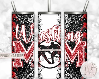 Red Boy Wrestling Mom 20oz Skinny Tumbler Wrap Sublimation Design • Glitter Varsity Letters Wrestler Mom Gift • DIY Print and Press