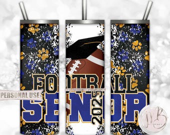 Football Senior 2025 20oz Skinny Tumbler Wrap Sublimation Design • Blue and Athletic Gold Paw Prints Graduation Gift • DIY Print and Press