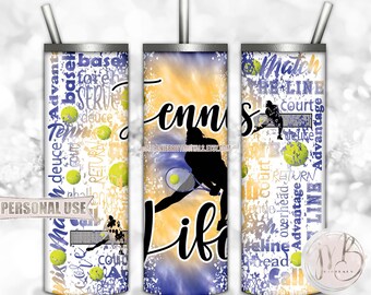 Tennis Life 20oz Skinny Tumbler Wrap Sublimation Design Download • Blue Athletic Gold Tie Dye Scattered Tennis balls • Sublimation Crafts