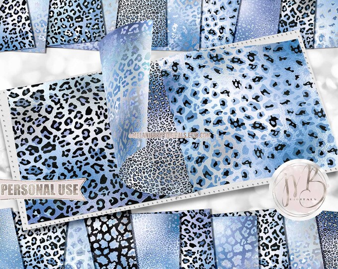 Winter Blues Leopard Scrapbook Paper Download • Shimmering Foil Leopard Print Design • DIY Printable Paper Crafts 20 12x12 JPG & PDF