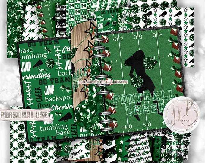Green Cheerleading Scrapbook Paper Download • Shiny Pom Poms Bows Megaphone • Scrapbooking Printable
