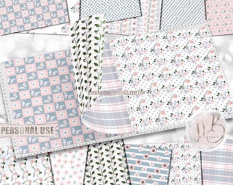 Springtime Scrapbook Paper Download • Cute Blue Birds Butterflies and Flowers • Printable Paper Crafts 12 12x12 JPG & PDF