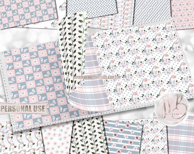 Springtime Scrapbook Paper Download • Cute Blue Birds Butterflies and Flowers • Printable Paper Crafts 12 12x12 JPG & PDF