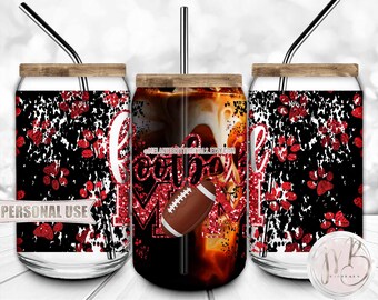 Red Football Mom 16oz Glass Can Wrap Sublimation Download • School Paw Prints Football Glitter Sports Mom Gift • DIY Print & Press