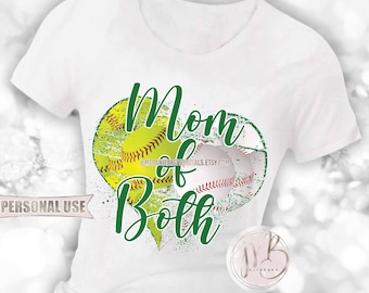 Green Baseball and Softball Mom of Both Heart T-Shirt Sublimation Design Download • School Sports Ball Park Mom Gift • DIY Print and Press