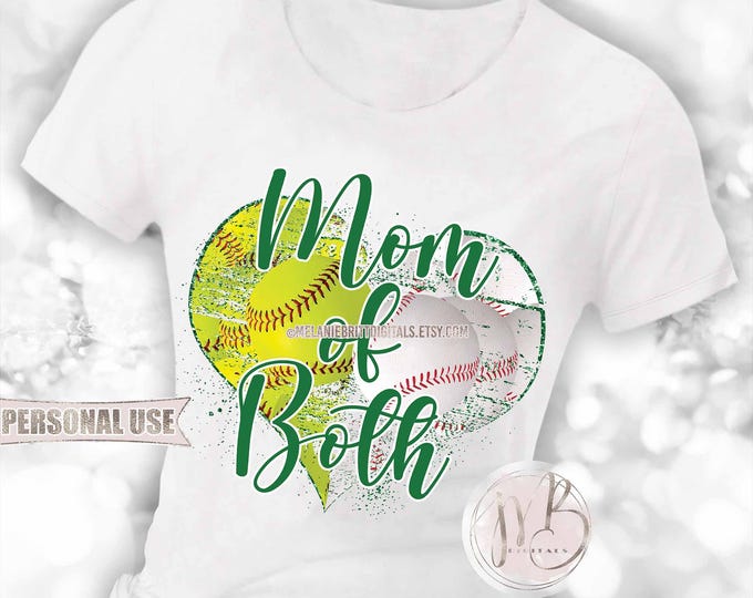 Green Baseball and Softball Mom of Both Heart T-Shirt Sublimation Download • School Sports Ball Park Mom Gift • DIY Print and Press