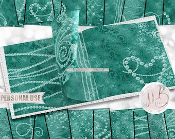 Seafoam Green Pearls Scrapbook Paper Download • Formal Victorian Damask and Shimmering Foil Design • Printable Paper Crafts 20 12x12 JPG PDF