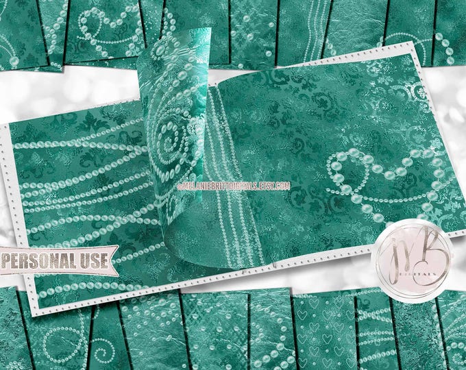 Seafoam Green Pearls Scrapbook Paper Download • Formal Victorian Damask and Shimmering Foil Design • Printable Paper Crafts 20 12x12 JPG PDF