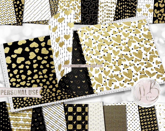 Valentine Glitter Hearts Scrapbook Paper Download • Gold and Black • DIY Scrapbooking Printable 12x12 JPG PDF