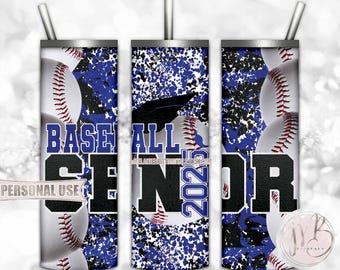 Blue Baseball Senior 2025 20oz Skinny Tumbler Wrap Sublimation Design Download • Camouflage Baseball Graduation Gift • DIY Print and Press