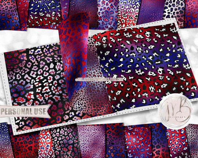 Patriotic Leopard Print Scrapbook Paper Download • Red and Blue Leopard Shimmering Foil Design • DIY Printable Paper Crafts 12x12 JPG & PDF