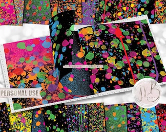 Paintball Scrapbook Paper Download • Fluorescent Paint Splatters on Black Bright Neon Design • Printable Paper Crafts 20 12x12 JPG & PDF