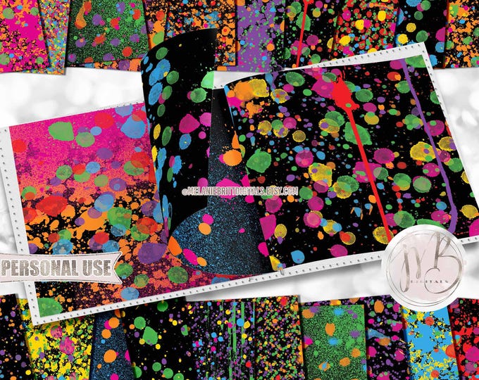 Paintball Scrapbook Paper Download • Bright Neon Fluorescent Paint Splatters on Black • DIY Scrapbooking Printable 20 12x12 JPG & PDF