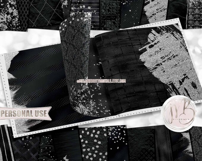 Black and Silver Glam Scrapbook Paper Download • Sparkling Glitter and Shimmering Foil Design • Printable Paper Crafts 20 12x12 JPG & PDF