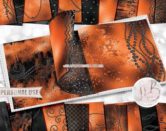 Black Diamonds and Pearls Scrapbook Paper Download •  Halloween Orange and Black Shimmering Foil • Printable Paper Crafts 20 12x12 JPG & PDF