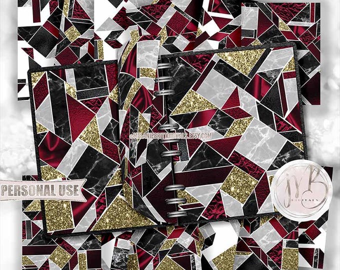 Burgundy Modern Scrapbook Paper Download • Geometric Tiled Marble Silk Glitter Foil • Scrapbooking Printable