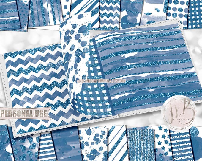 Blue Glam Watercolor Scrapbook Paper Download • Patterned Glitter Paint Design • DIY Printable Paper Crafts 20 12x12 JPG & PDF