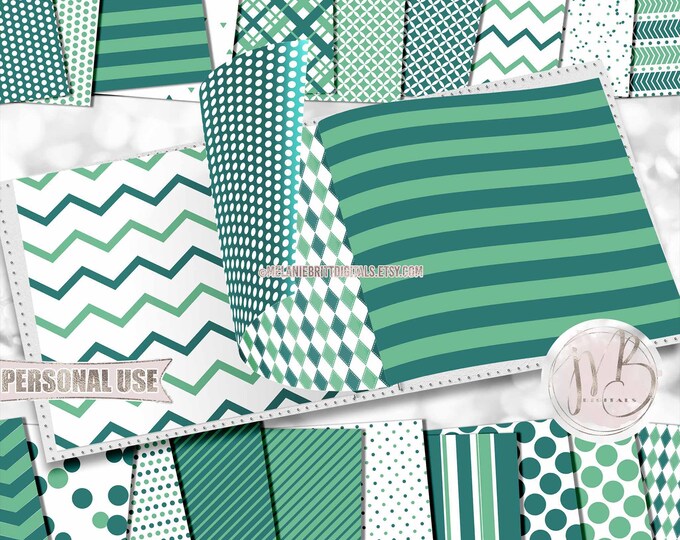 Tropical Greens Scrapbook Paper Download • Geometric Patterned Paper Polka Dot Striped Chevron • Printable Paper Crafts 20 12x12 JPG & PDF