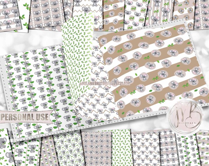 Koala Bears Scrapbook Paper Download • Boy and Girl Cute Koalas Eucalyptus Leaves Australia • Scrapbooking Printable