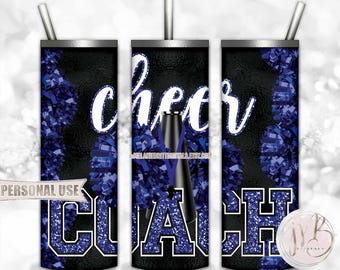Blue Cheer Coach 20oz Skinny Tumbler Wrap Sublimation Download • Pom Poms Megaphone Lanyard Whistle Cheer Coach Gift • DIY Print and Press