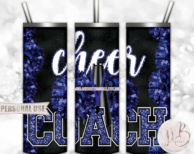 Blue Cheer Coach 20oz Skinny Tumbler Wrap Sublimation Download • Pom Poms Megaphone Lanyard Whistle Cheer Coach Gift • DIY Print and Press