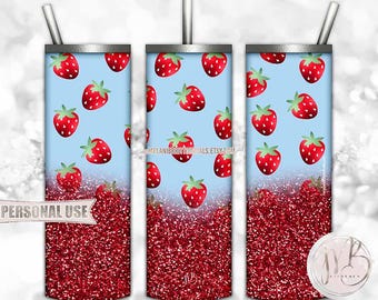 Strawberry Tumbler Wrap Download • Red Glitter and Light Blue • Sublimation Print and Press