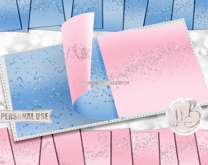 Ombre Baby Blue and Pink Sparklers Scrapbook Paper Download • Gender Reveal Party Glitter Design • Printable Paper Crafts 20 12x12 JPG PDF