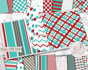 Red and Teal Classic Scrapbook Paper Download • Patterned Geometric Design • DIY Printable Paper Crafts 20 12x12 JPG & PDF