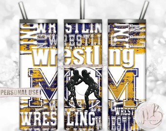 Girl Wrestling Mom 20oz Skinny Tumbler Wrap Sublimation Design Download • Embossed Blue Athletic Gold Wrestler Mom Gift • DIY Print & Press