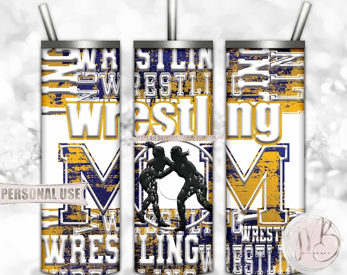 Girl Wrestling Mom 20oz Skinny Tumbler Wrap Sublimation Design Download • Embossed Blue Athletic Gold Wrestler Mom Gift • DIY Print & Press