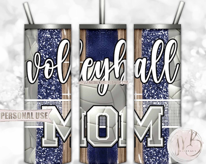 Navy Volleyball Mom 20oz Skinny Tumbler Wrap Sublimation Design • Volleyball Net Court Glitter Sport Brush Strokes • DIY Print & Press