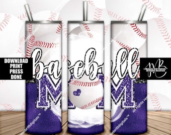 Purple Baseball Mom 20oz Skinny Tumbler Wrap Sublimation Design Download • Baseball Collage Glitter Varsity Letters • Sublimation Crafts