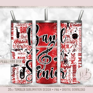 Red Band Senior 20oz Skinny Tumbler Wrap Sublimation Design Download • Marching Band Typography Senior Year Grad Gift • DIY Print and Press