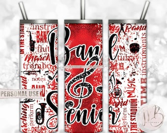 Red Band Senior 20oz Skinny Tumbler Wrap Sublimation Design Download • Marching Band Typography Senior Year Grad Gift • DIY Print and Press