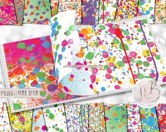 Paintball Scrapbook Paper Download • Fluorescent Paint Splatters on White Bright Neon Design • Printable Paper Crafts 20 12x12 JPG & PDF