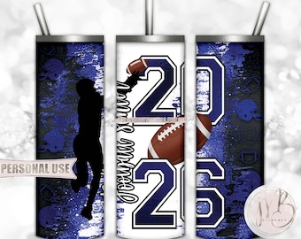 Blue Football Senior 2026 20oz Skinny Tumbler Wrap Sublimation Design • Football Helmets Senior Football Graduate Gift • DIY Print and Press