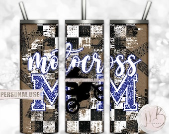 Blue Boy Motocross Mom 20oz Skinny Tumbler Wrap Sublimation Design • Tire Tracks Checkered Flag Dirt Bike Mom Gift • DIY Print & Press