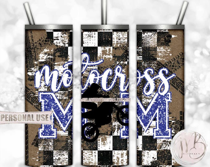 Blue Boy Motocross Mom 20oz Skinny Tumbler Wrap Sublimation Download • Tire Tracks Checkered Flag Dirt Bike Mom Gift • DIY Print & Press