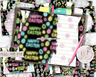 Neon Easter Junk Journal Pages Digital Download • Glowing Bunny, Eggs, Flowers • DIY Journaling Printable