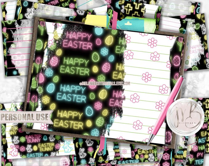 Neon Easter Junk Journal Pages Digital Download • Glowing Bunny, Eggs, Flowers • Journaling Printable