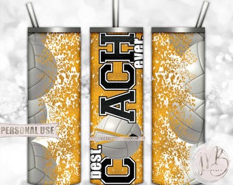 Athletic Gold Volleyball Coach 20oz Skinny Tumbler Wrap Sublimation Design • Lanyard Whistle "Best Coach Ever" Gift • DIY Print and Press
