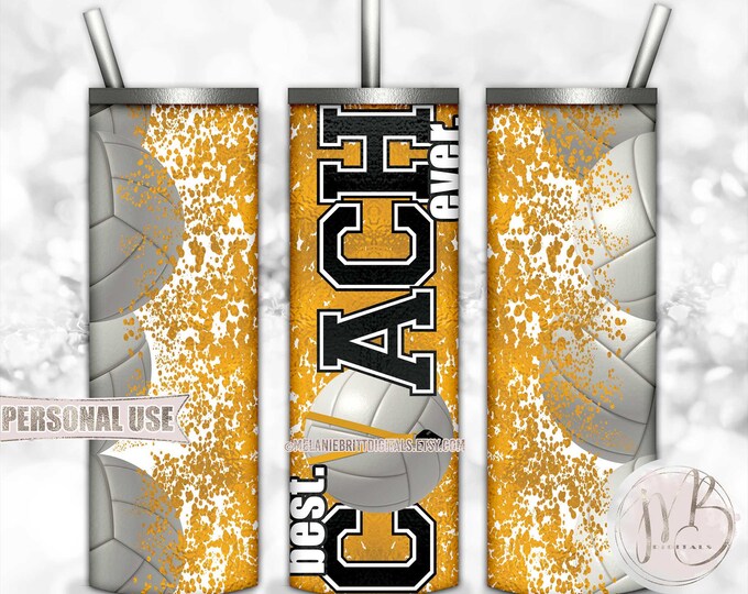 Athletic Gold Volleyball Coach 20oz Skinny Tumbler Wrap Sublimation Design • Lanyard Whistle "Best Coach Ever" Gift • DIY Print and Press