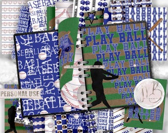 Blue Baseball Scrapbook Paper Download • Baseball Helmets Bat Mitt Field School Sports • Scrapbooking Printable