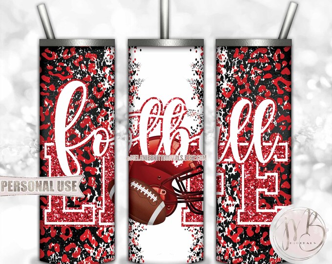 Red Football Life 20oz Skinny Tumbler Wrap Sublimation Design • Football Helmet Leopard Print School Sports Gift • DIY Print & Press