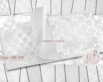 White Embossed Scrapbook Paper Download • Victorian Damask 3D Embossing Design Shimmering Foil • Printable Paper Crafts 20 12x12 JPG & PDF